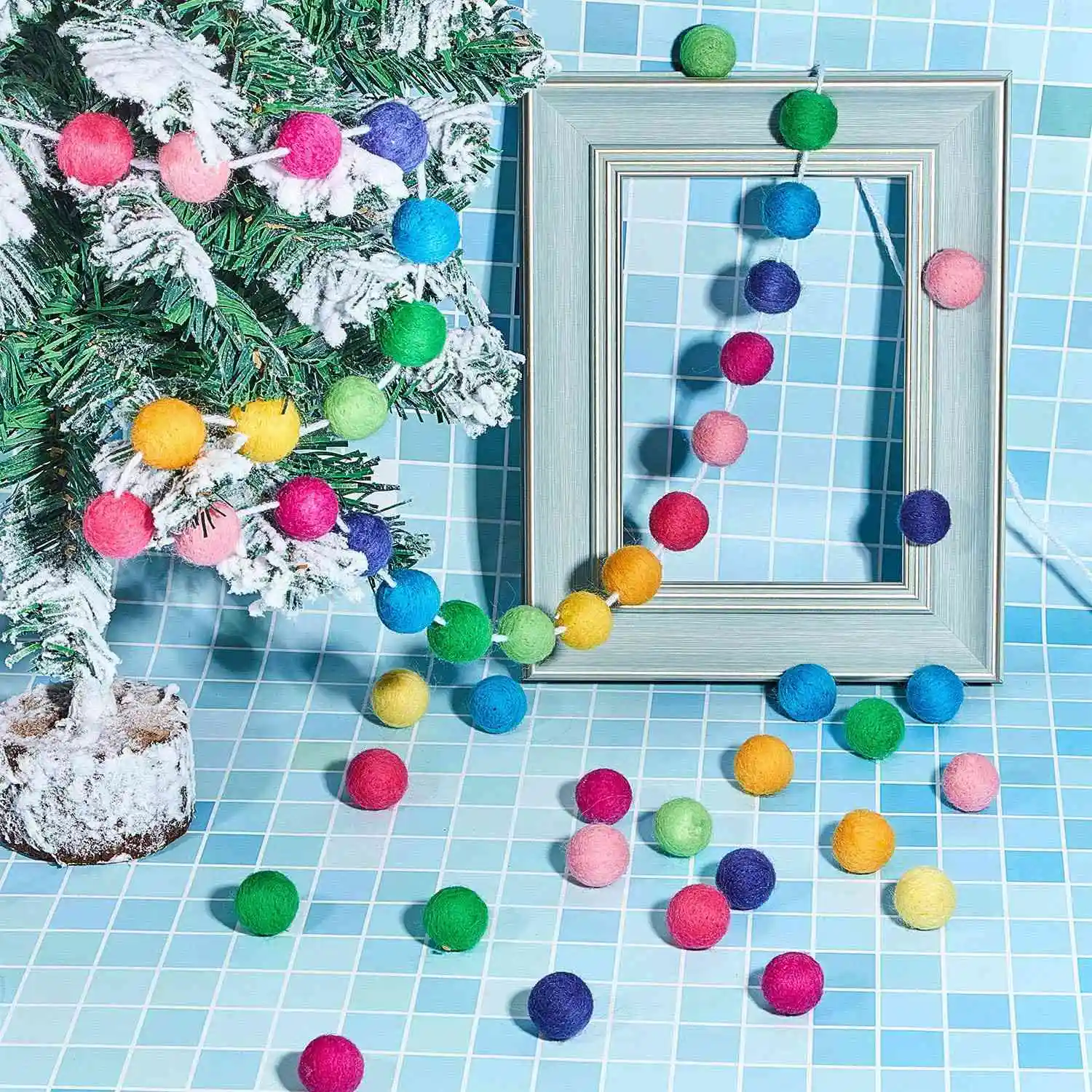 Ball Garland Colorful Pom Pom Garland Handmade 28 Balls Felt Ball Garlands for Wall Christmas Tree Decoration (2 Sets)