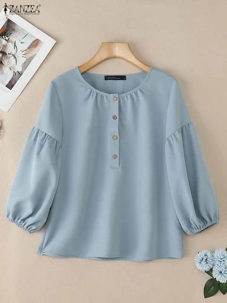 2026 ZANZEA Elegant 3/4 Lantern Sleeve Blouse Autumn Summer Women Tops Casual Solid Work Shirt Female O Neck Buttons Dwn Shirts