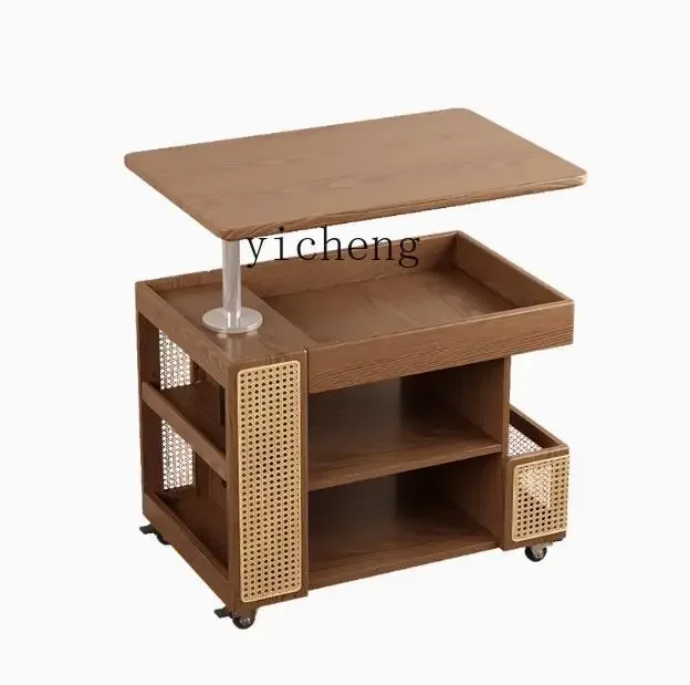 TQH Solid Wood Lifting Coffee Table Small Apartment Living Room Household Sofa Side Cabinet Movable Trolley Bus Side Table