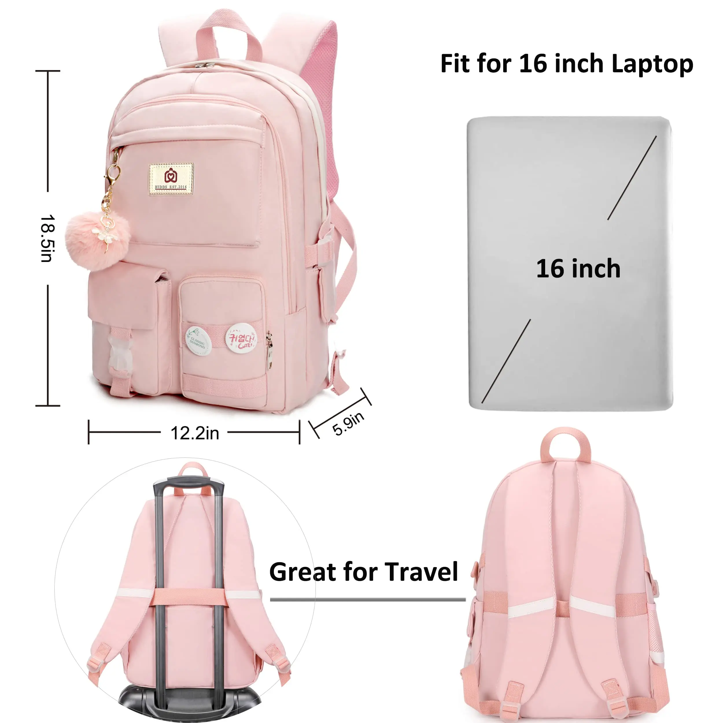 Sac à dos de voyage antivol rose pour adolescentes et étudiantes, cartable d'école, grands cartables, 15.6 po