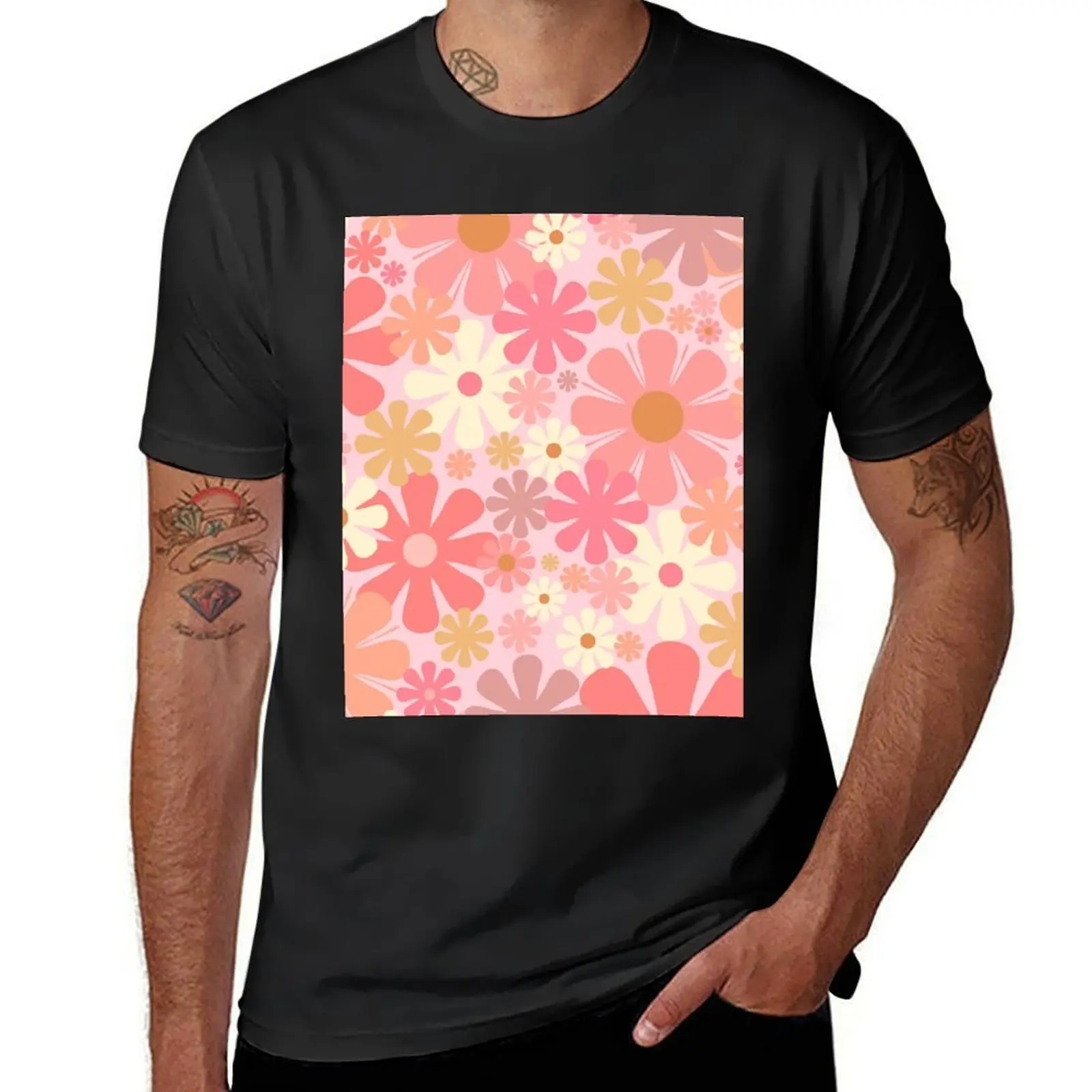 Vintage 60s 70s Flowers Retro Floral Pattern in Blush Pink and Mustard Tones T-Shirt tops vintage oversized t shirt men