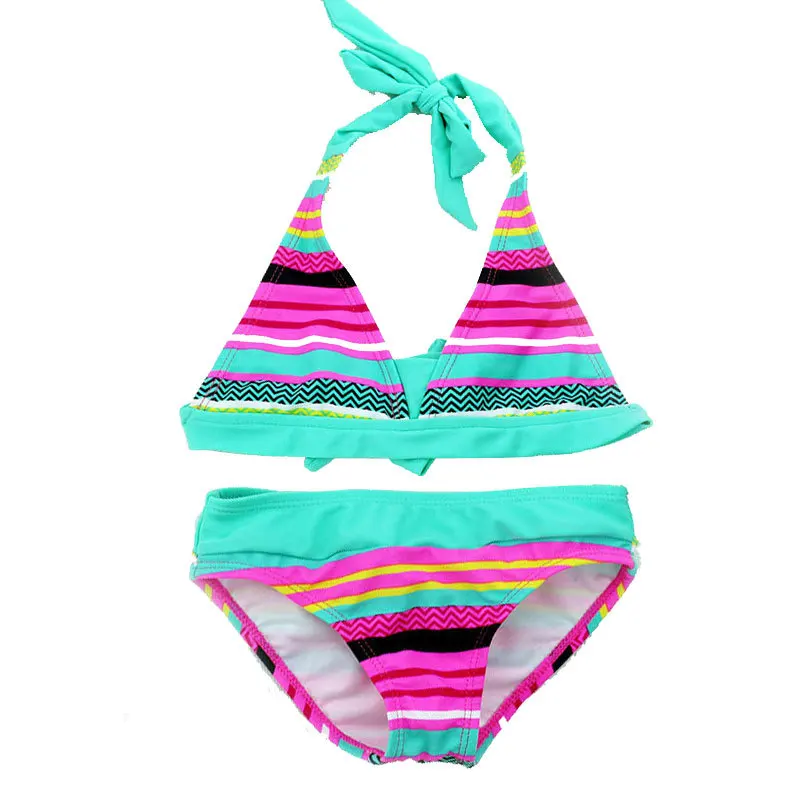 Summer 8-16Y teen Girls Close-fitting Elastic Stripe Swimsuit Girls Split Two-pieces Swimwear Children Stripe Bikini Sets