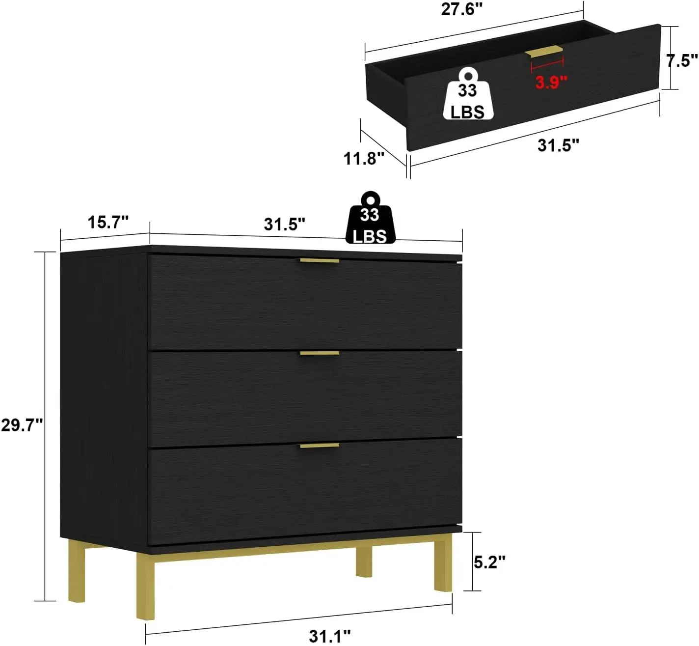 Nightstands Set of 2 Side,  3 Drawer Dresser, Large with Gold Metal Legs, Quality Material,  Multi-use, Assembly Bedside Cabinet