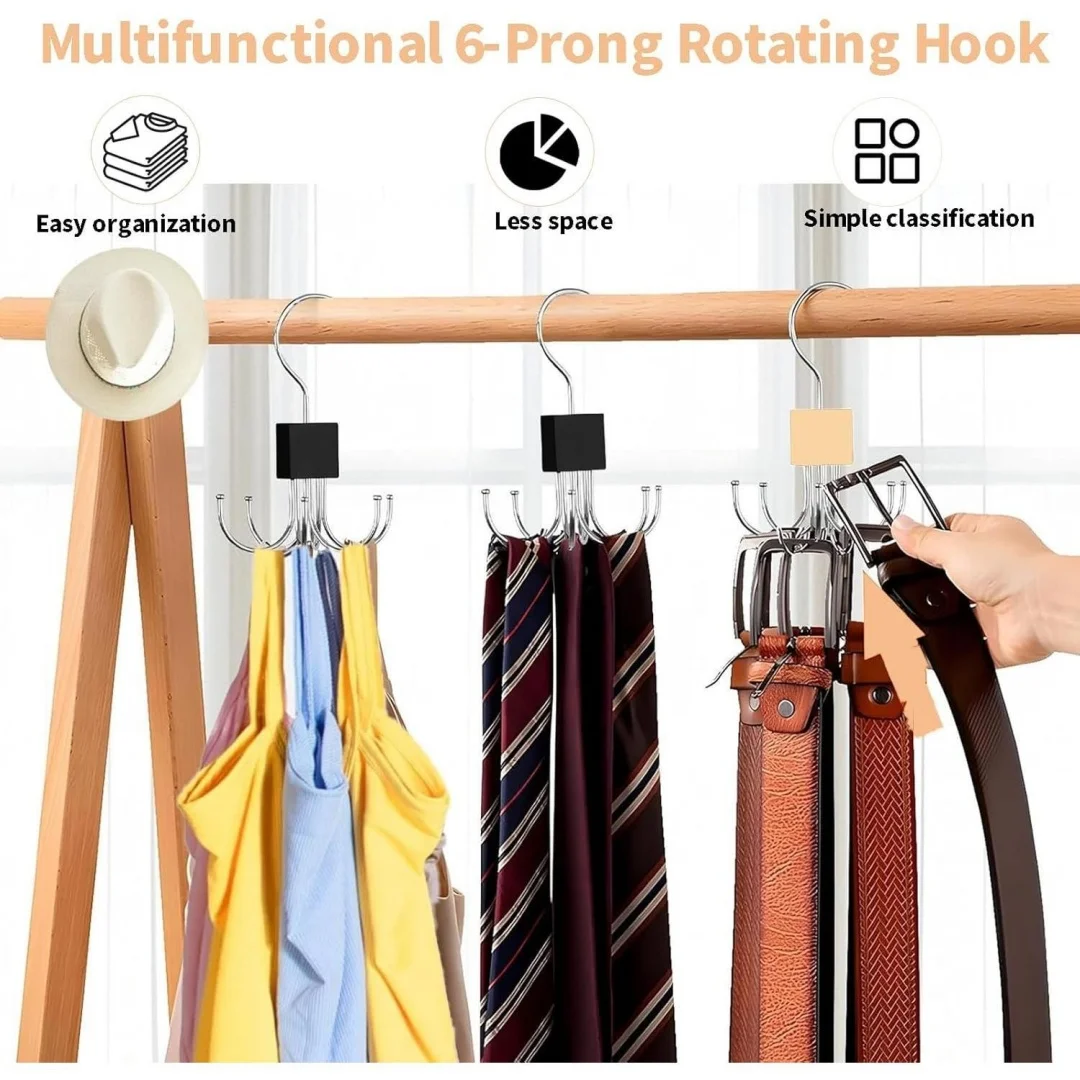 

360 Rotating 6-Claw Multi-Function Hook Closet Organizer Hangers for Clothes Hats Scarves Belts, Stainless Steel Rotary Hook Hanger for Kitchen Bathroom Office Storage Rack (Black)