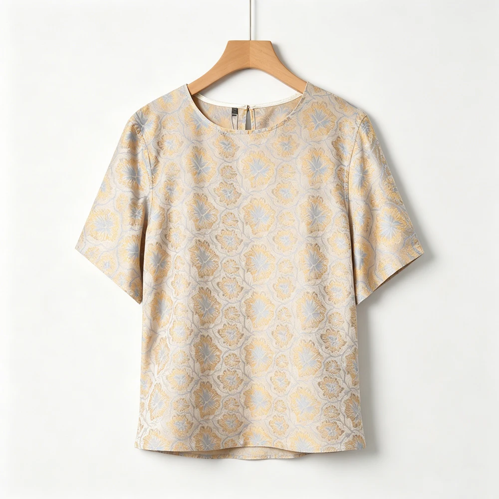2026 Women's Casual Summer New Heavy 100% Natural Mulberry Silk Song Brocade Apricot Printed Round Neck Short Sleeve T-shirt