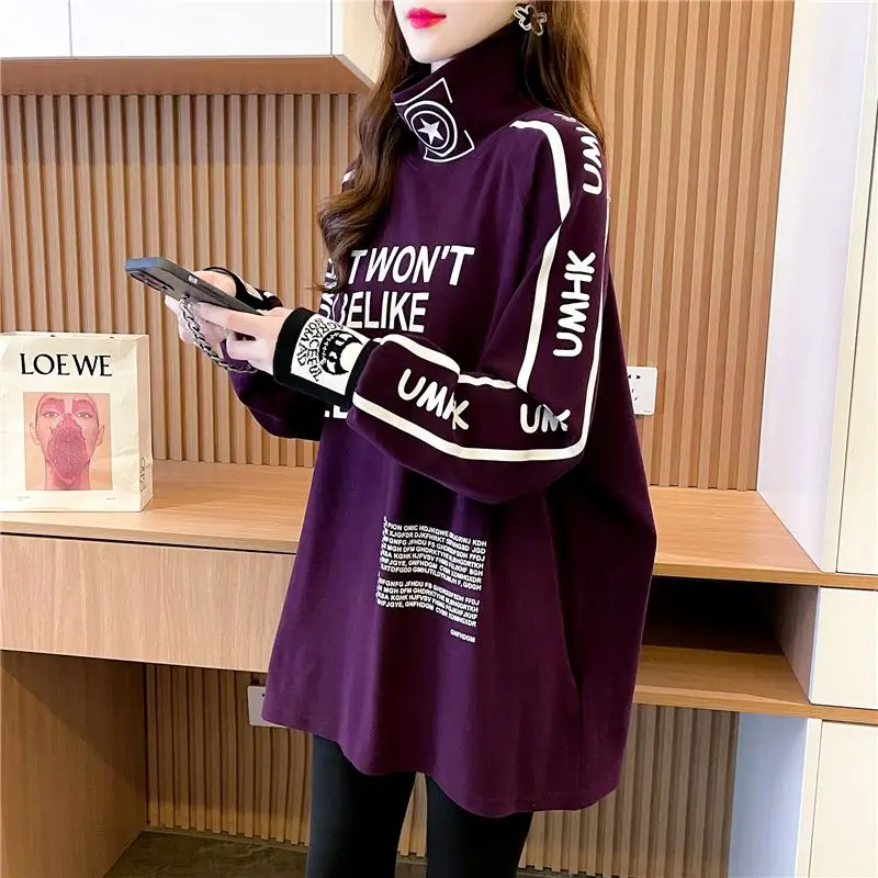 Printing Letter Turtleneck Casual T-Shirts Loose Streetwear Autumn Winter Thin Pullovers Interior Lapping Women's Clothing 2023