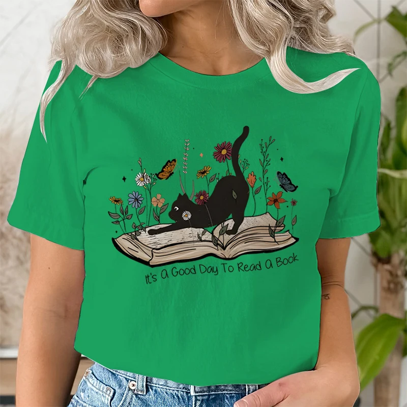 Women\'s T-shirts Black Cat and Floral Book Tshirt Short Sleeve Animal Lovers Tops It\'s A Good Day To Read A Book Graphics Tshirt