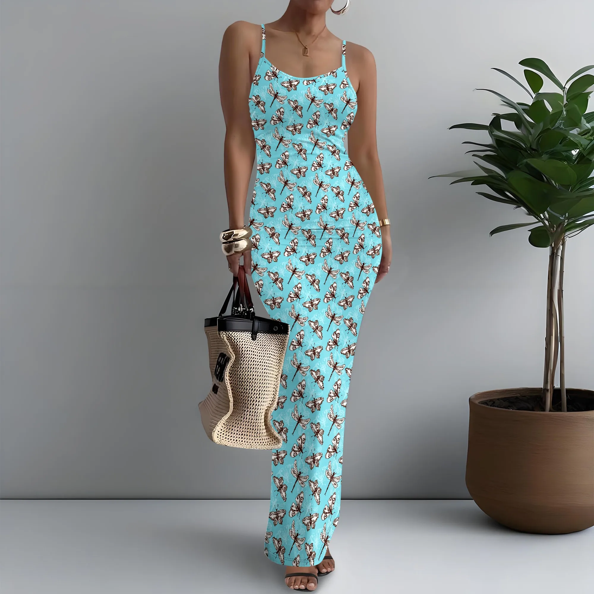 

Women's Spaghetti Strap Maxi Dress Minimalist Butterfly Print Meeting XS-3XL