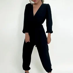 Women V Neck Simple Chic Jumpsuit Fashion Long Sleeve Solid Harem Pants Jumpsuits Playsuits Lady High Street Overall Trousers