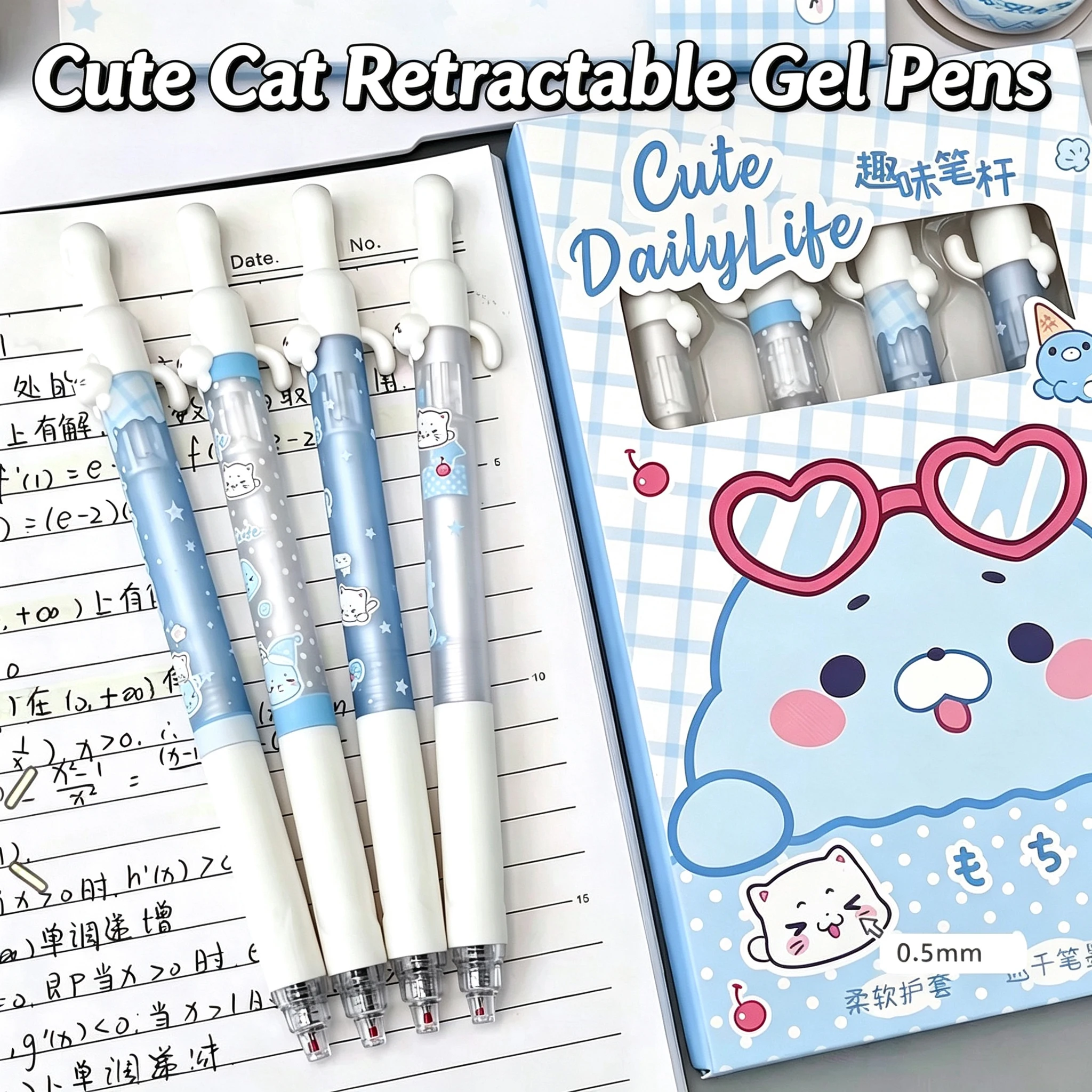 4 stuks schattige katten-gelpennen met intrekbare punt, 0,5 mm, kawaii cartoon 3D-kattenmotief, gelpen-set, school- en kantoorbenodigdheden voor studenten.