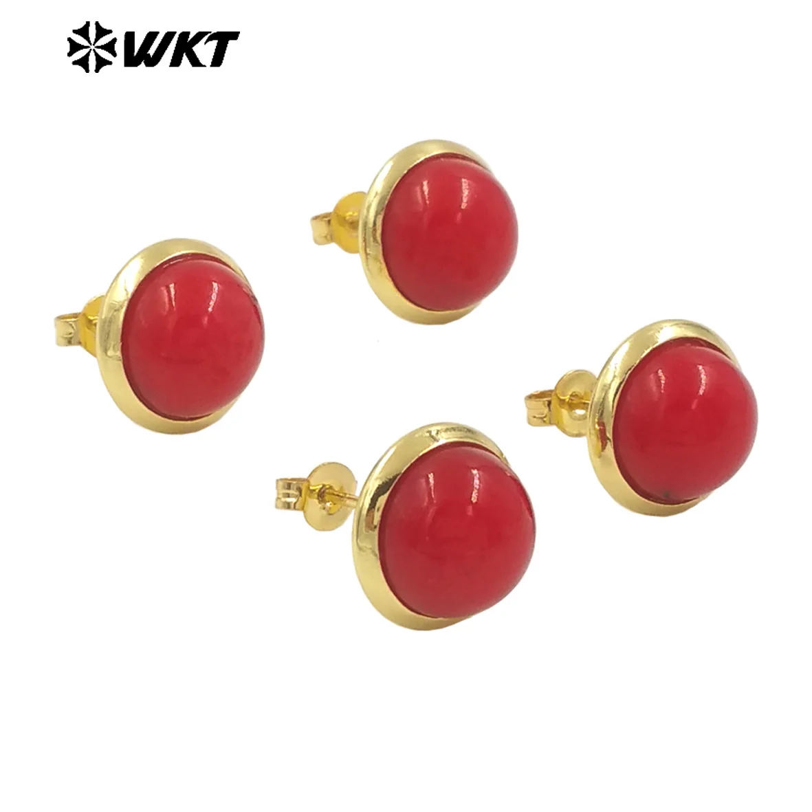 WT-MPE132 Natural Red Coral Round Shape With 18k Gold Plated Beautiful Simple Earring Finding For Women Daily ACC