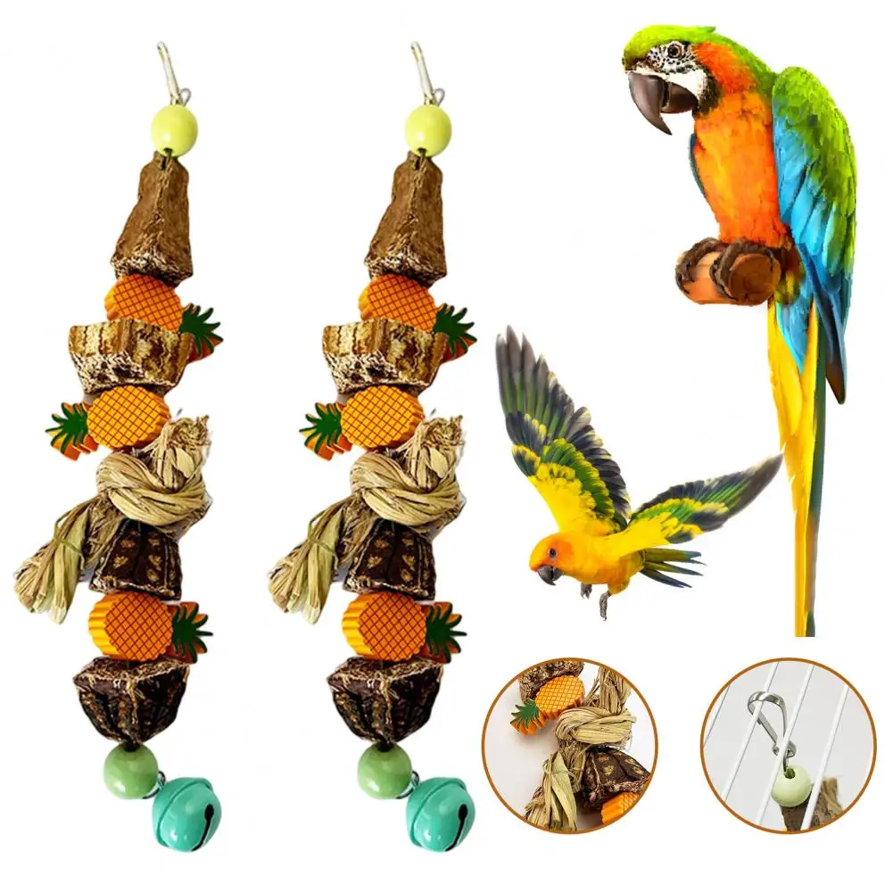 Bird Chew Toy with Bell Star Fruit Pineapple Hanging Parrot Bird Molar Toy Wood Bird Supplies juguetes para pájaros