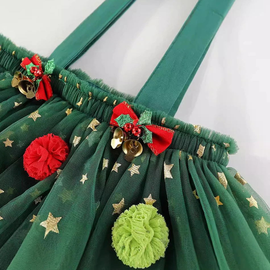 Elegant Kids Christmas Tree Themed Layered Net Halter Dress Cake Skirt Magical Holiday Experience Girls Casual Dresses