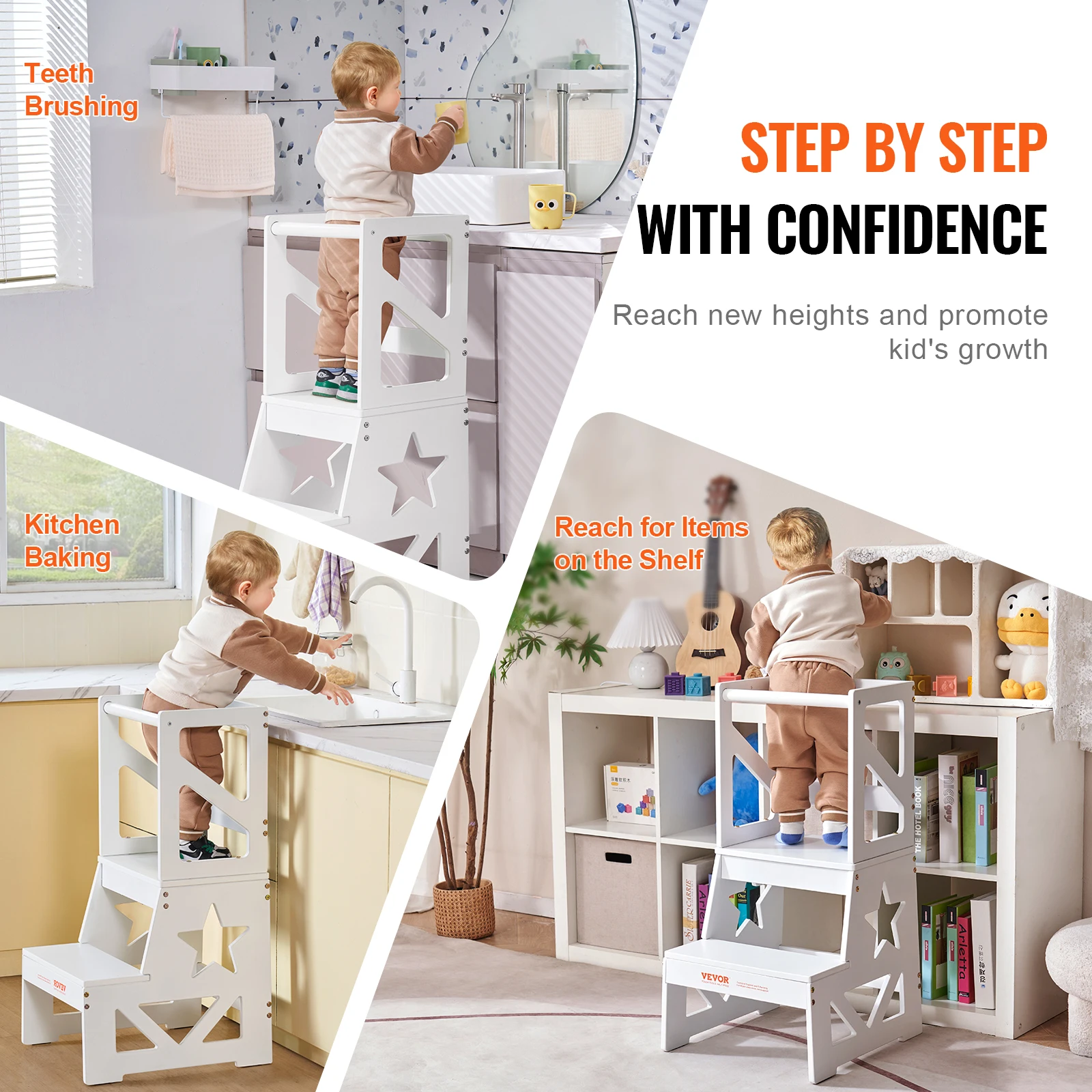 Imagem -06 - Vevor-toddler Natural Pine Wood Step Stool Ajudante para Quarto Banheiro Balcão da Cozinha Branco Madeira Cinza