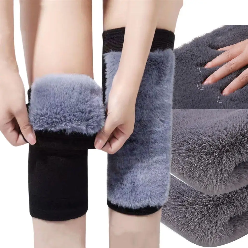 Women Men Cold Leg Arthritis Kneepad Sports Cycling Skiiing Leg Protector 1 Pair Winter Warm Knee Pads Rabbit Fur Leg Warmers