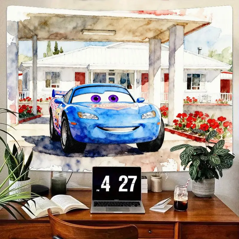 

Очаровательный гобелен с акварелью и синим гоночным автомобилем, фиолетовые глаза, кавайный подарок для девочек, современное настенное искусство из полиэстера для детей, спальни, общежития A
