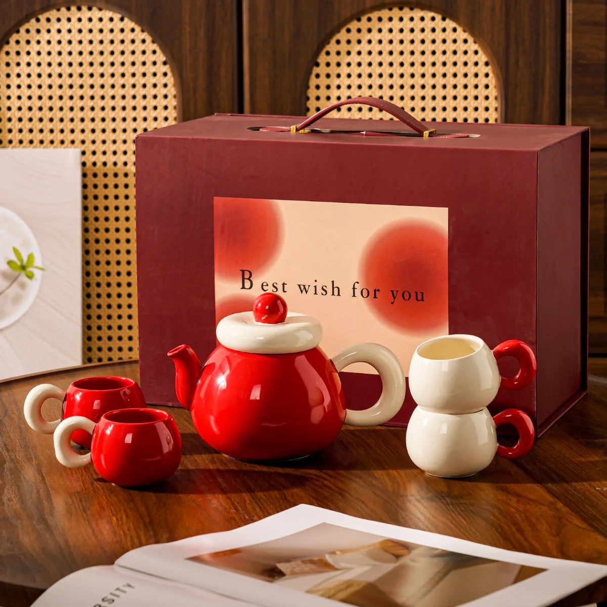 Nordic Creative Red White Ceramics Drinkware Set Light Luxury Porcelain Tea Set Coffee Cup Teapot Home Bar Counter Decorations