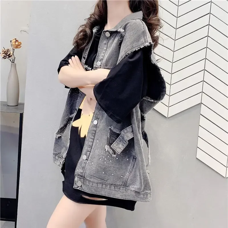 New Trendy Fashion Button Up gilet di jeans nero strappato per donna ragazza cappotto invernale camicia abbigliamento Vintage Cardigan Casual 2024