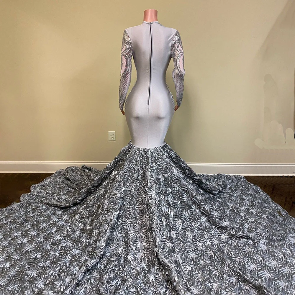 Silber Lange Prom Kleider 2023 für Schwarz Mädchen Meerjungfrau 3D Blumen V-ausschnitt Formale Anlass Kleid Graduation Party Gala Kleider