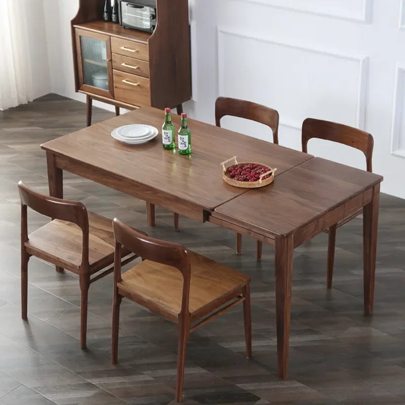 Black Walnut Solid Wood Retractable Dining Table Nordic Rectangular Extendable Pull Out Folding Table for Small Apartment
