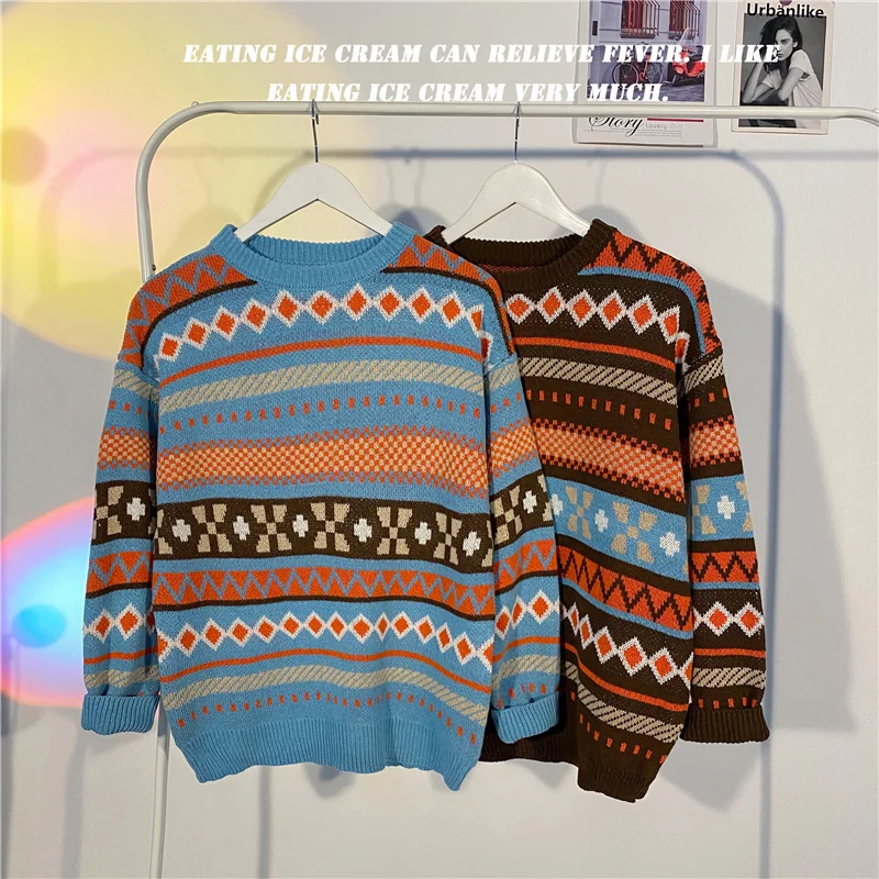 Autumn Knitted Striped Vintage Christmas Sweater Men\'s National Style Pullover Round Neck Sweaters Couples Casual Y2K Clothes