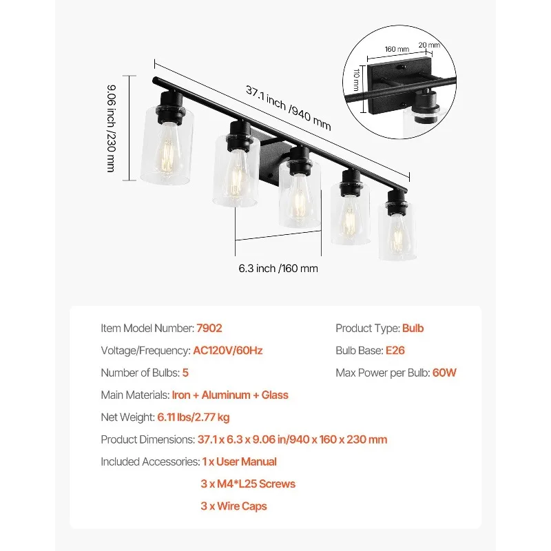 Luminária moderna de 5 luzes para banheiro, luminárias de parede de 37,1 polegadas sobre espelho