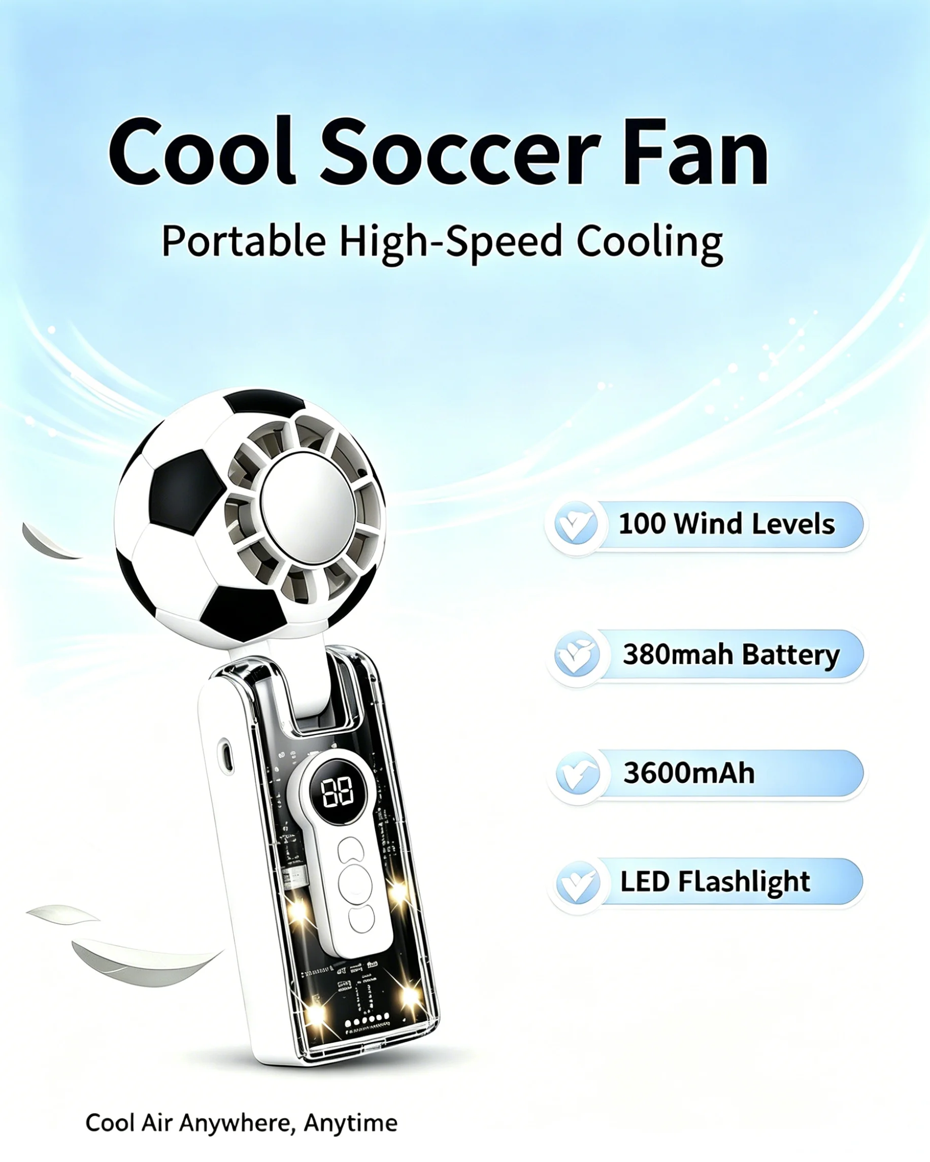 X68 Foldable Portable Mini Fan Football Pattern Design, Semiconductor Fast Cooler USB Charging Hand Fan