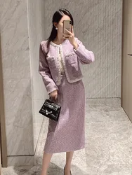 High Quality Fashion Two Piece Set For Women Conjuntos Femininos Elegantes Luxury Beading Jacket Coat + Long Skirt 2 Piece Sets