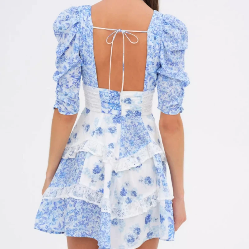 2025 Boho Blue Floral Print Summer Dresses Women Sexy Backless V Neck Lace Spliced A-line Short Dress Holiday Robe