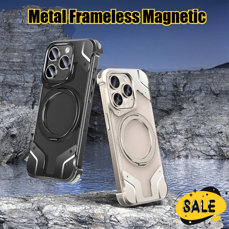 

Metal Frameless 360°Rotating Bracket Magnetic Phone Case for Iphone 16 15 14 13 Pro Max Simple Design Shockproof Protector Cover