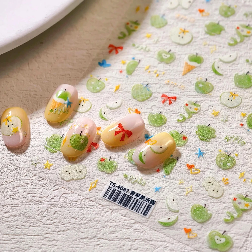 

Green Apple Ice Cream Bowknot Love Heart Lovely Cartoon 3D Nail Art Sticker Grape Cherry Peach Strawberry Summer Manicure Decals
