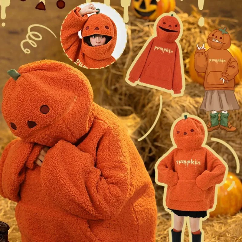 

2023 Autumn Cute Pumpkin Head Lamb Plush Decorated Hoodie Women's Halloween Jacket And Winter Loose Warm Pullover Pop Clothes