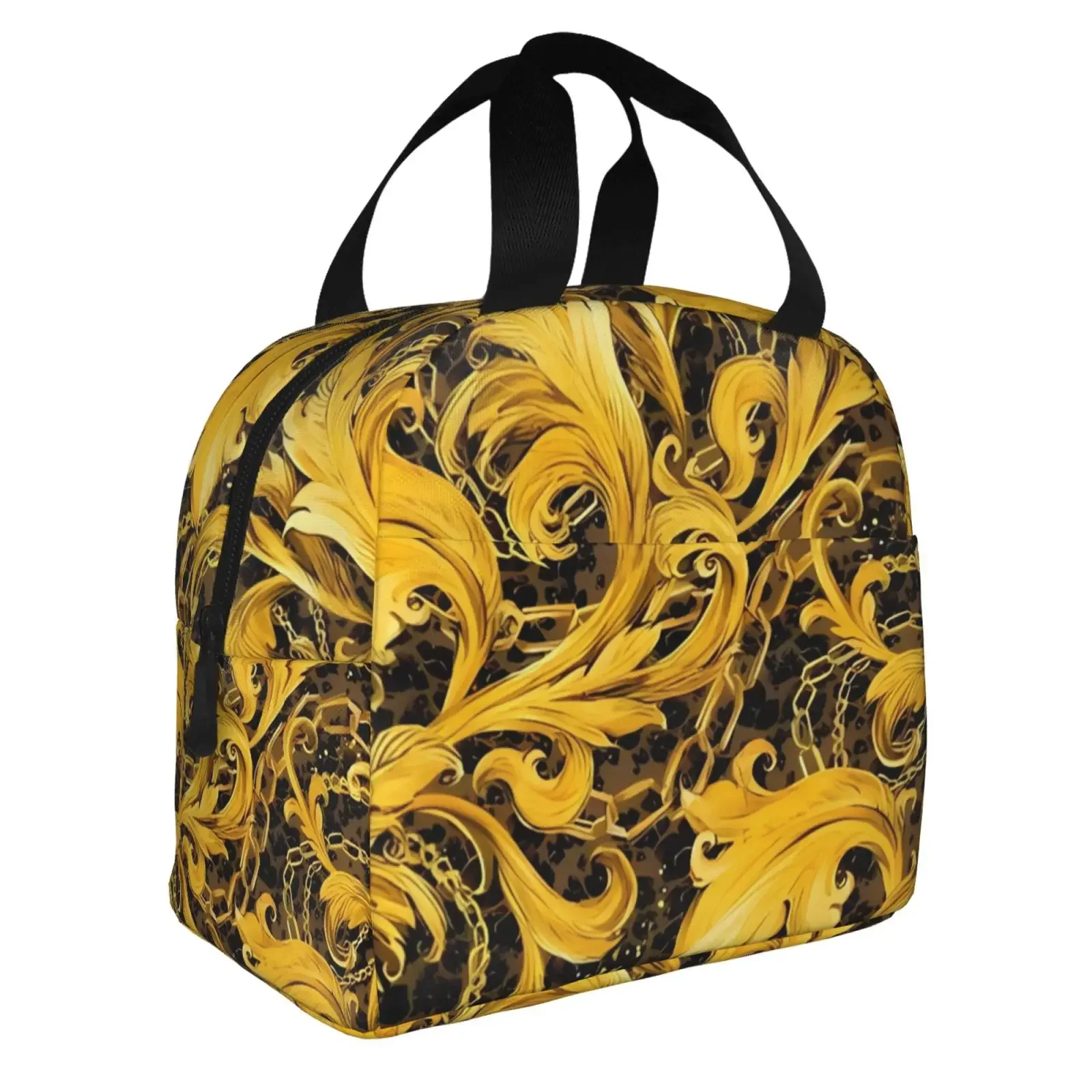 Vintage Baroque Golden Lace Pattern Insulated Lunch Box Leak-proof Thermal Cooler Lunch Bag For Men Women  Work Trip Picnic