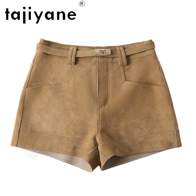TAJIYANE Geunine Women's Leather Shorts with Gold Buckle Belt Vintage Goat Suede Straight Pants Mid-High Waist Shorts for Woman