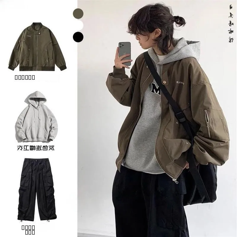 

Loose Workwear Jacket Pure Color Stand Collar Casual Outerwear Top for Men Spring Autumn Japanese Style Retro Matching Set