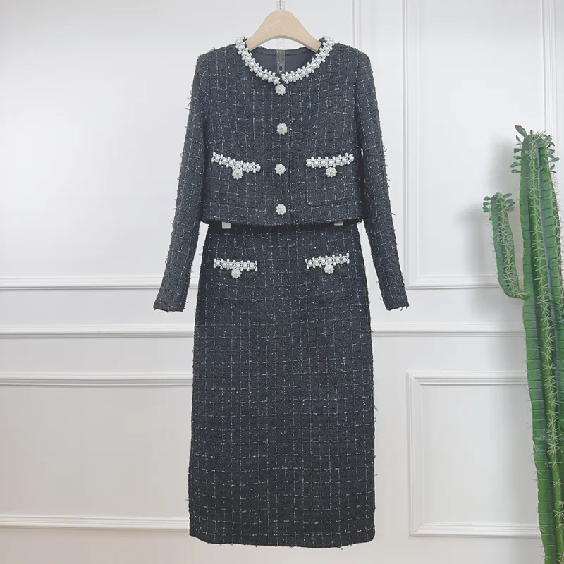 

Women Fragrant Sequined Pearl Collar Short Jacket + Skirt Two-piece Set High Quality Sweet Elegant French Tweed Two-piece Set