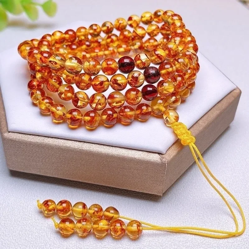 

Flower Amber Bracelet 108 Buddha Beads Necklace Beeswax Amber Couples Multi-circle