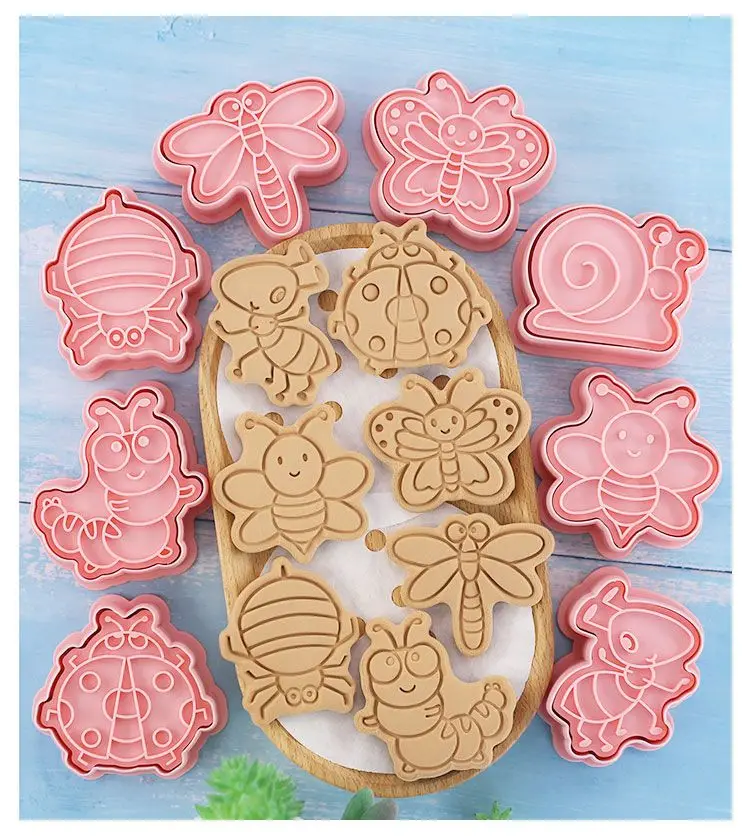 8pcs Cute Insect Cookie Moulds Cartoon Animals Bee Butterfly Ladybug Fondant Stencil Stamp Embosser Kitchen Cake Baking Molds