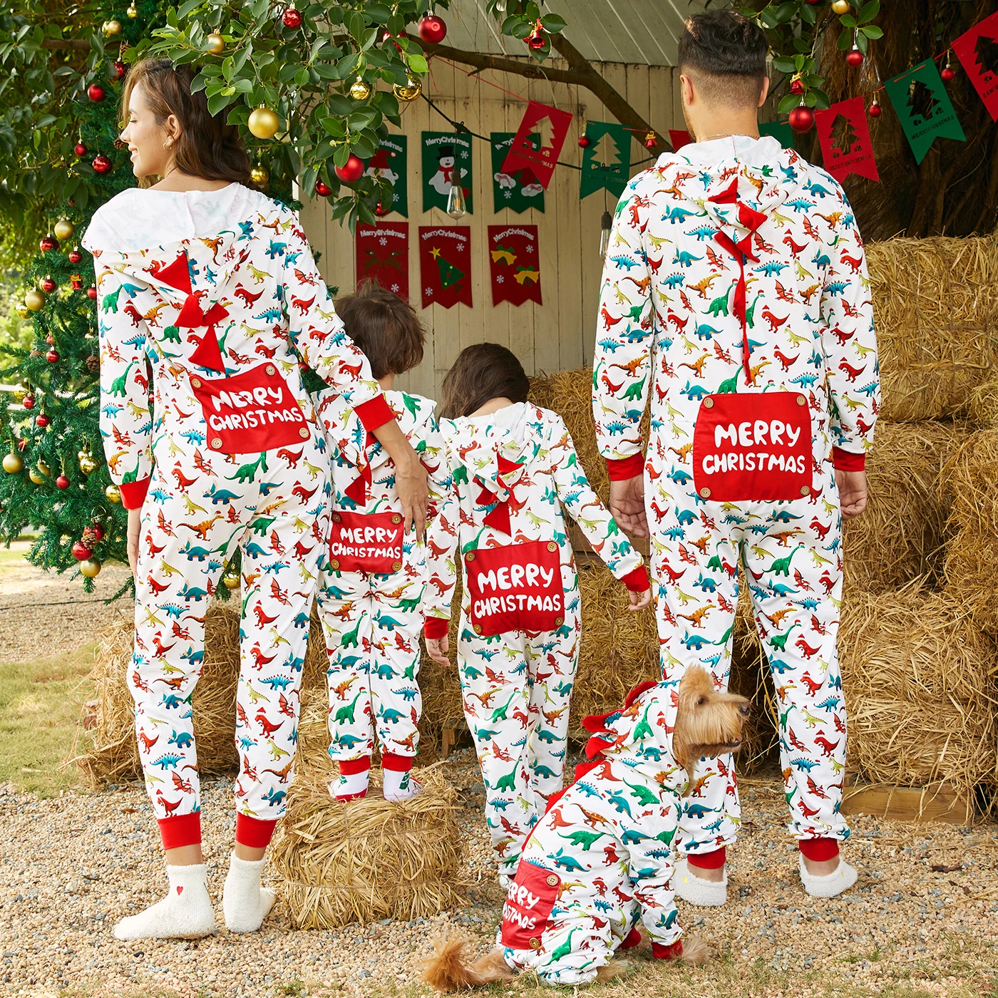 PatPat Christmas Dinosaur Print Family Matching Long-sleeve Hooded Onesies Pajamas Sets (Flame Resistant)