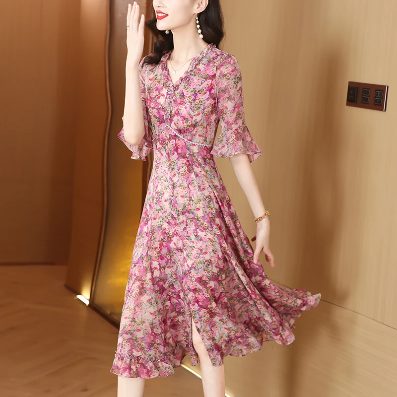 2025 여름 플로럴 시폰 우아한 캐주얼 비치 드레스 실크 시크 V넥 캐주얼 롱 드레스 여성 한국 바디콘 파티 나이트 드레스