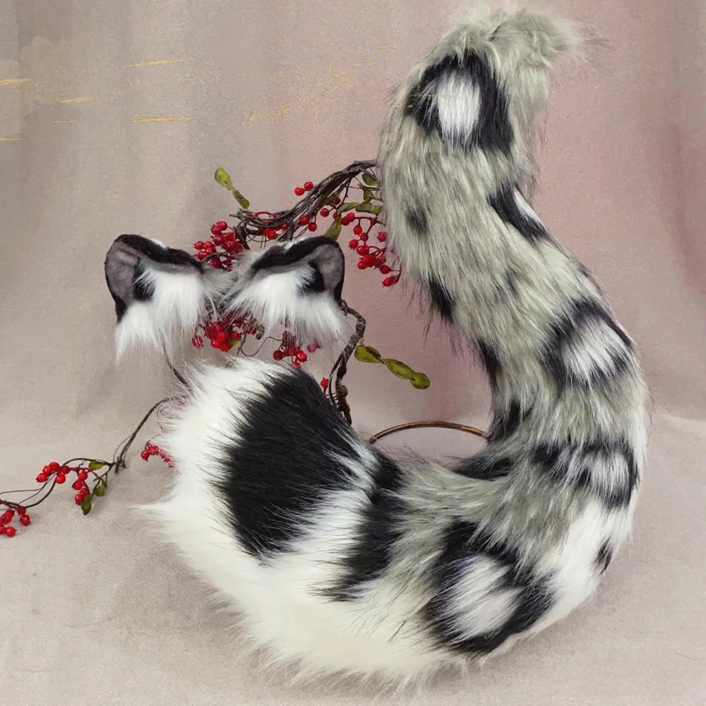 New  Handmade Snow Leopard Big Cats Tail Set Halloween Prop Headband Cat Ears Cosplay Animal Ears Headwear Kawaii Lolita Headban