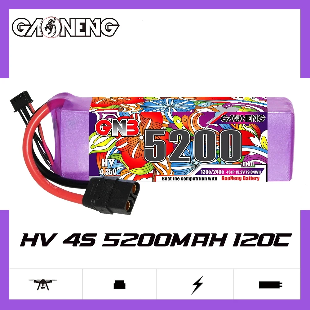 بطارية ليثيوم GAONENG GNB LiHV 4S 15.2V 5200mAh 120C مع موصل XT90، مناسبة لطائرات بدون طيار FPV وكوادكوبتر.