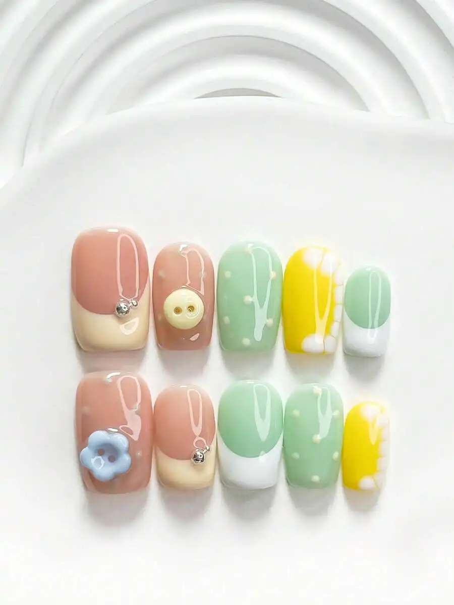 

10pcs Handmade Press-On Nails Set, Color Block Design With Floral And Button Accents, Short Square Almond Shapes For Daily Wear