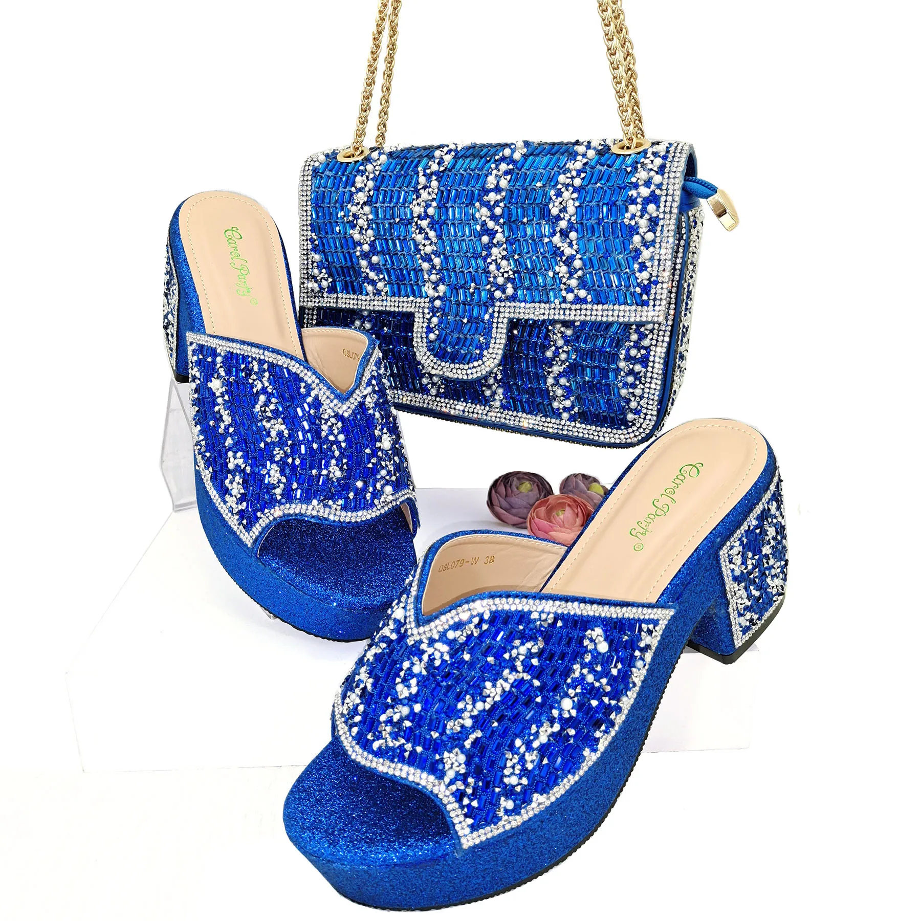 QSGFC 2024 Nigeria Africa Fashion Blue High Heels Elegant Women's Sandals Casual Party Sexy Slippers Brand Women's Shoes Bag Set