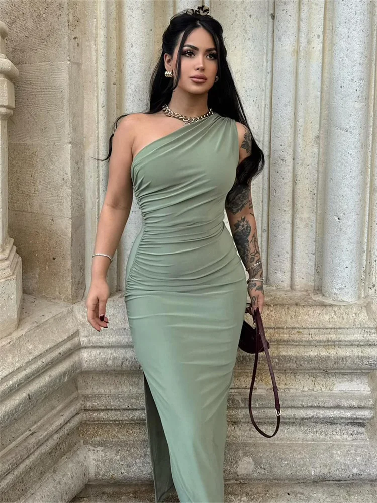 

Nibber Slanted Shoulders Women Dress Solid High Splits 2025 Summer Trend Classic Comfortable Elasticity Temperament Long Bodycon