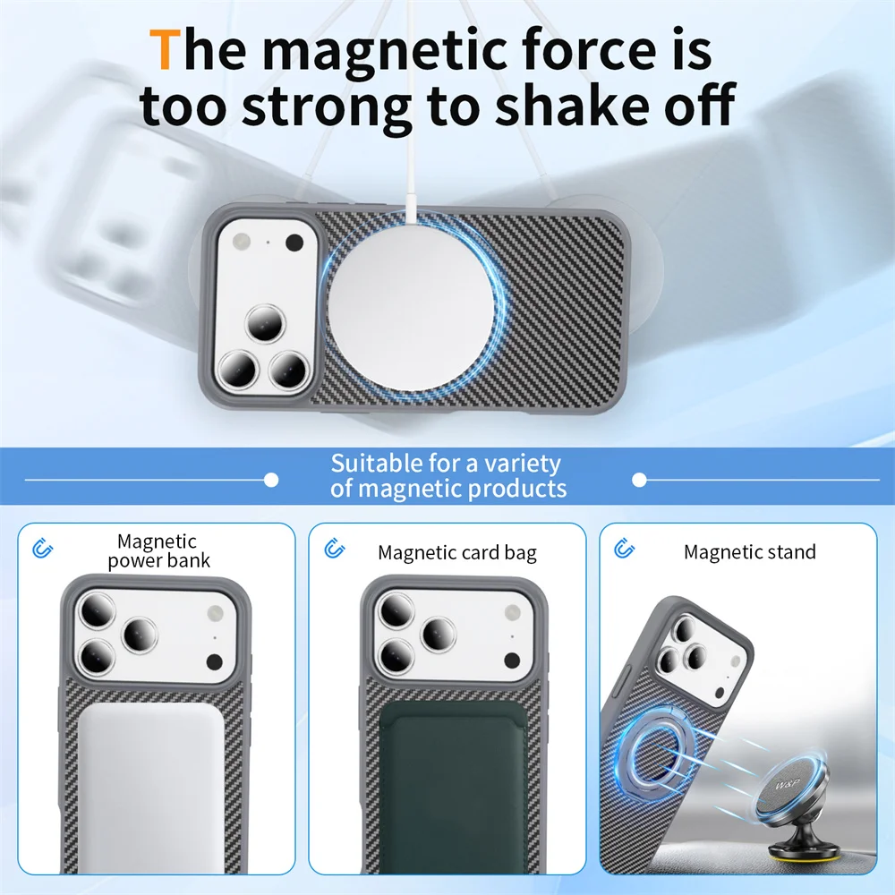 Деловая текстура из углеродного волокна для зарядного чехла Magsafe для iPhone 17 Air 16E 15 14 Plus 13 Pro Max 360 ° Защитная крышка вращающегося кронштейна