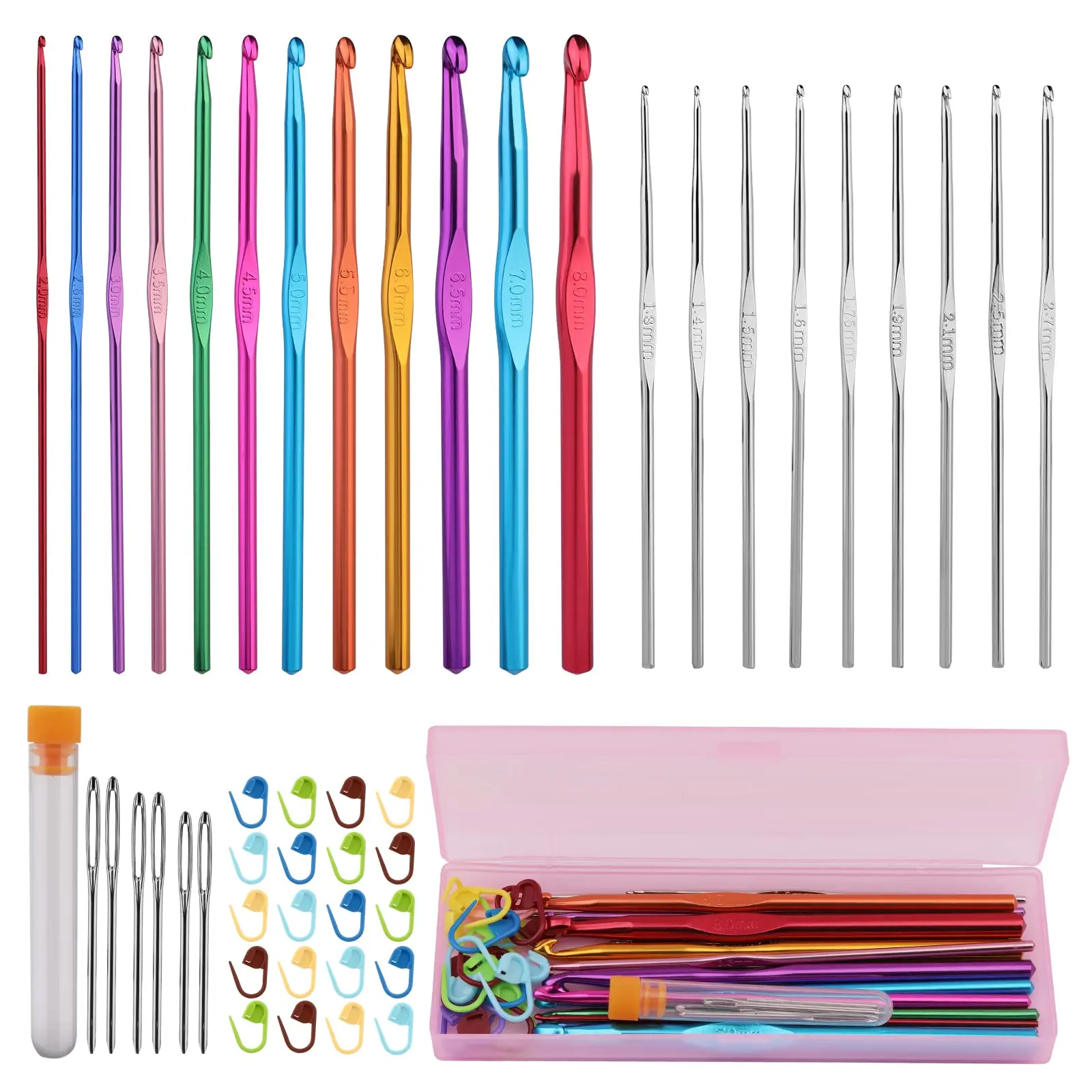 Fenrry 48PCS Crochet Hooks Set with Case Ergonomic Knitting Needles Stitch Markers Blunt Needles for Crocheting Yarn