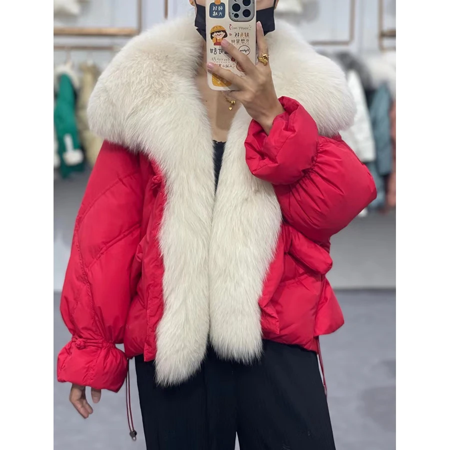 MENINA BONITA 2023 Fashion Real Fur Coat Women Goose Down Jacket Luxury Brand Natural Silver Fox Fur Collar Coat Warm Streetwear