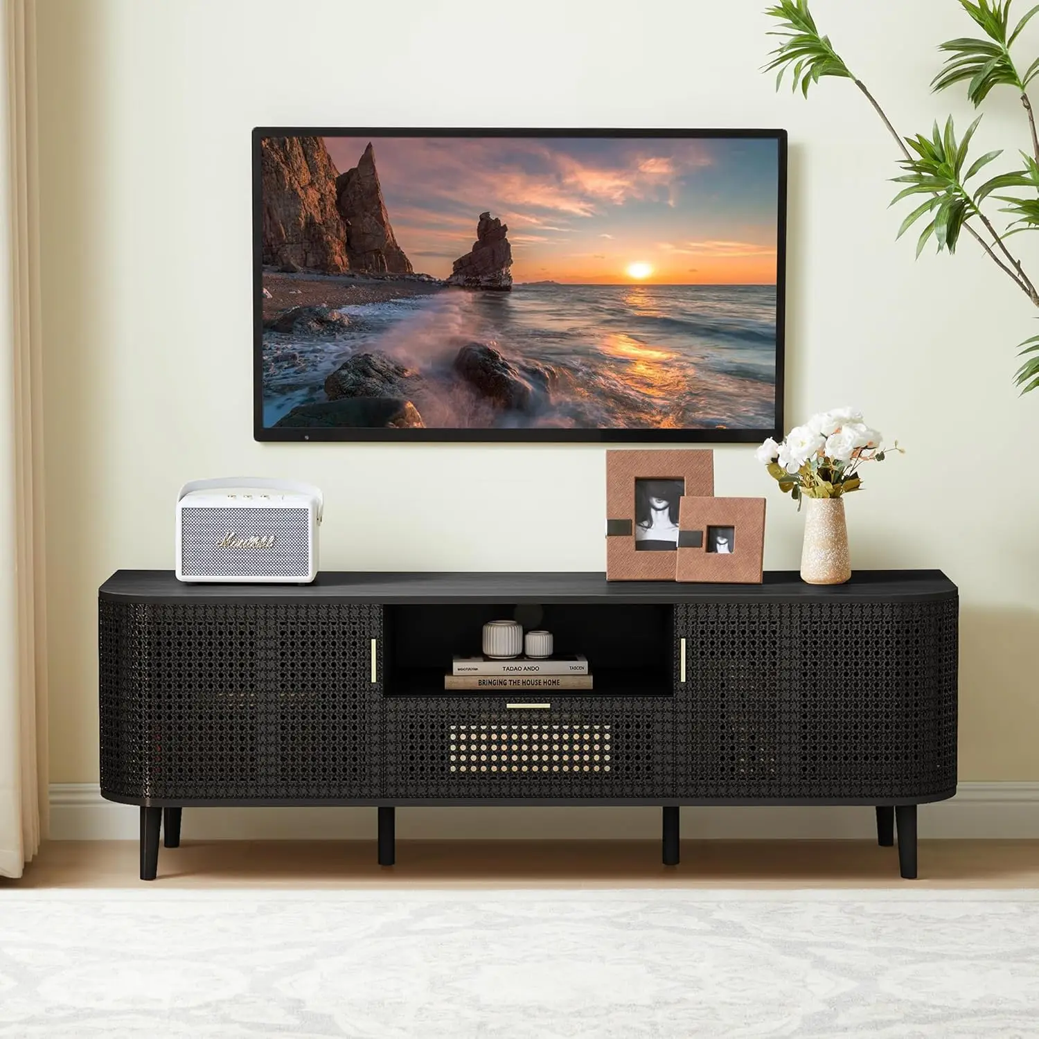 TV Stand for TVs Up to 65 Inch, Boho Wood Television Stands Media Entertainment Center Console Table with Curved, Customized