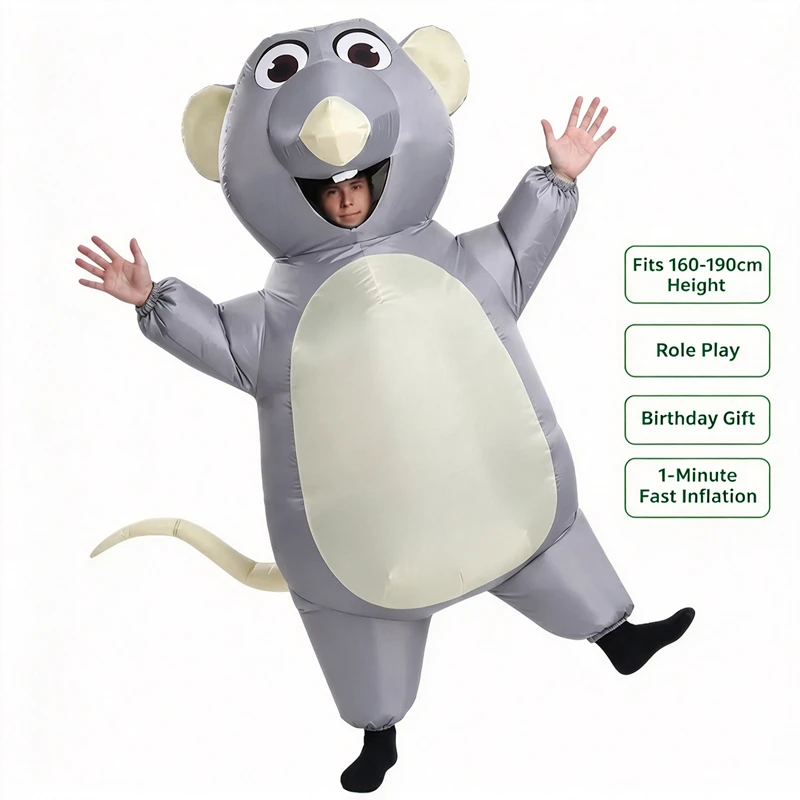 Adult Kids Inflatable Gray Mouse Costume Funny Cartoon Rat Mascot Suit with Air Blower Fan Halloween Party Carnival Gift
